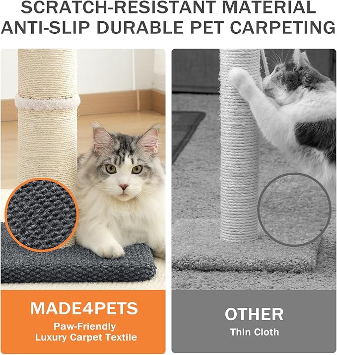 Made4Pets Tall Cat Scratching Post, 33" Natural Sisal Cat Scratcher with Hanging Balls, Heavy Duty and Thicker Scratching Post for Indoor Cats Adults, Sturdy Base Cat Scratch Post, Dark Grey