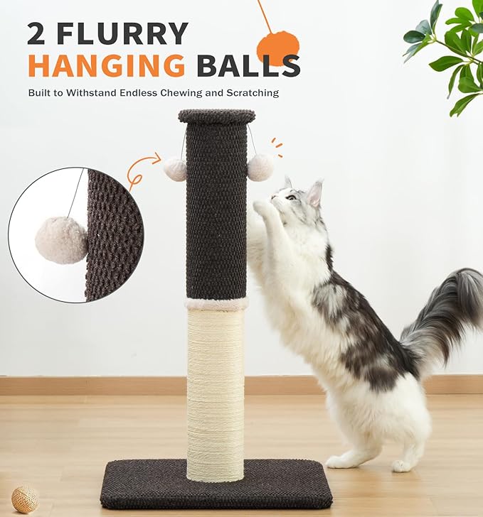 Made4Pets Tall Cat Scratching Post, Heavy Duty and Thicker Scratching Posts for Indoor Cats Adults, 23.6" Natural Sisal Cat Scratcher with Hanging Balls, Sturdy Base Cat Scratch Post, Brown