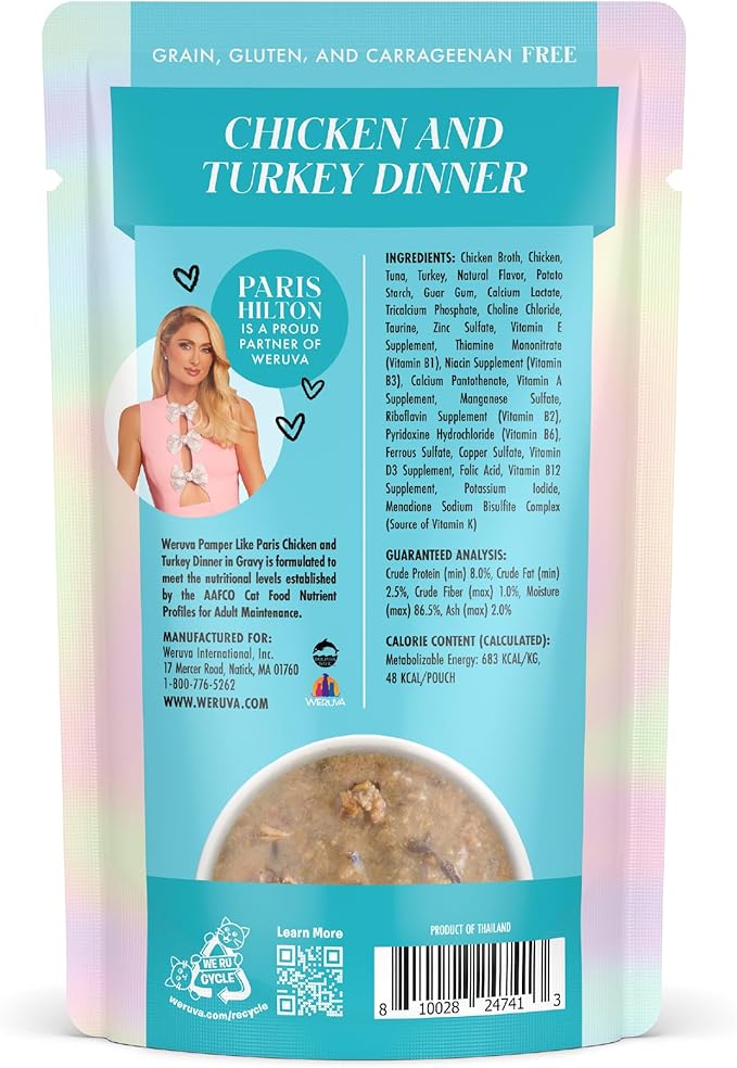 Weruva Paris Hilton Pamper Like Paris Wet Cat Food, Chicken and Turkey in Gravy, 2.47oz Pouch, Pack of 12