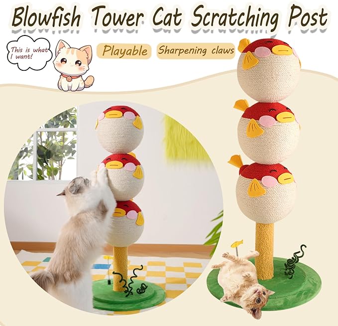 Cute Cat Scratching Post - 31.5" Tall Indoor Cat Tree Tower with Sisal Rope and Interactive Cat Toys, Featuring a Sturdy Base for Kittens and Adult Cats to Stretch Vertically