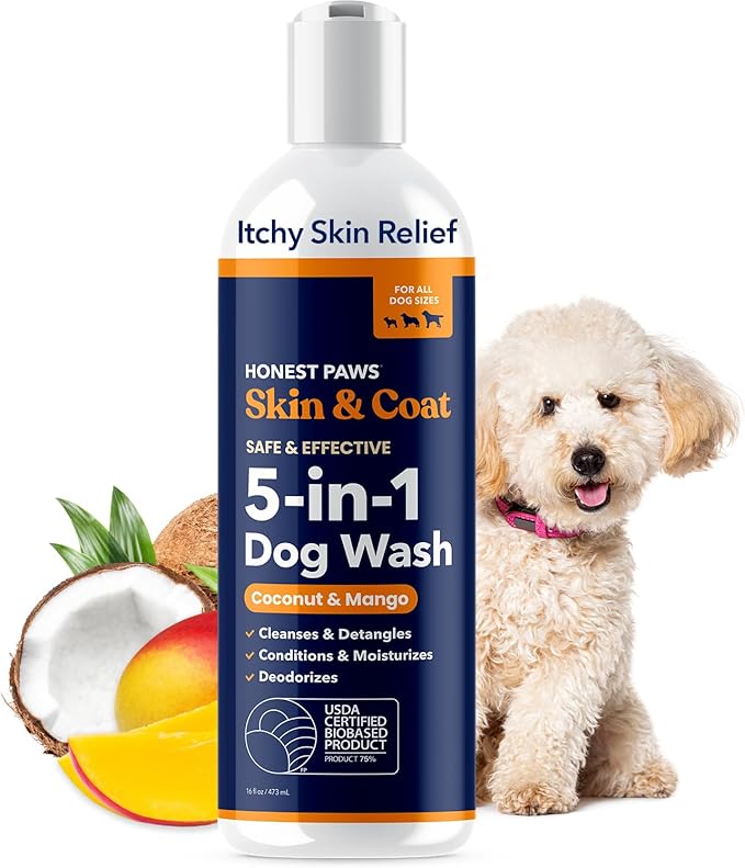 Honest Paws Dog Shampoo and Conditioner - Premium Dog Wash for Allergies and Dry, Itchy, Moisturizing for Sensitive Skin - Sulfate Free, Plant Based, All Natural - Coconut & Mango -16 Fl Oz