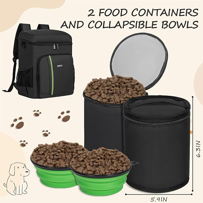 ANILD Dog Travel Backpack - Airline Approved Double-layer Pet Travel Bag Accessories with 2 Food Storage Bag and 2 Foldable Silicone Bowls for Hiking & Camping
