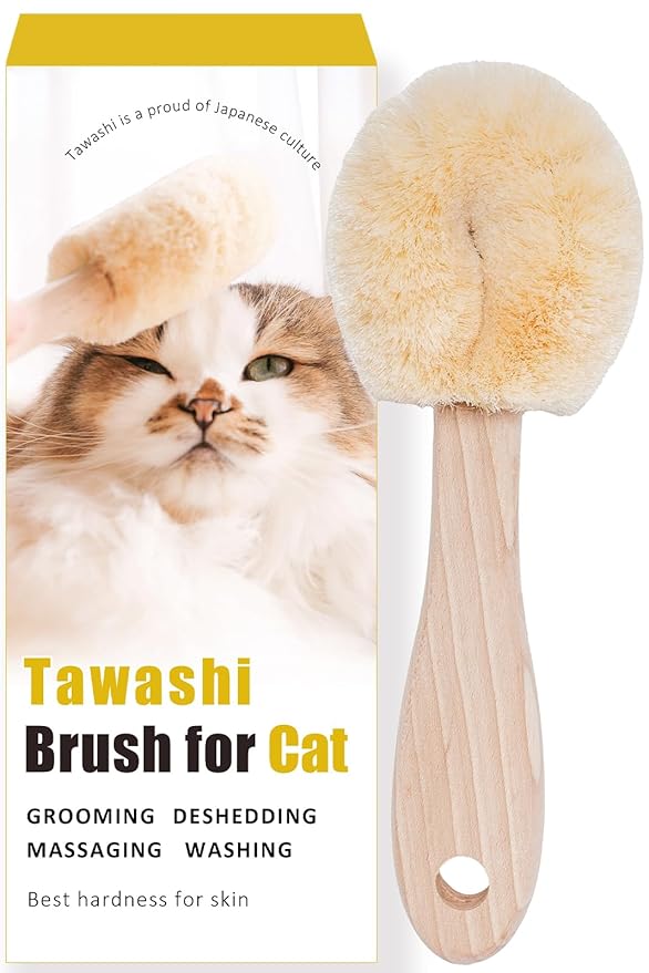 Relaxing Cat Grooming Massage Brush – Gentle Natural Tawashi Brush for Sensitive Cats, Stress‑Free Daily Grooming (Not a Heavy Deshedding Tool) Made in Japan (Type-B)