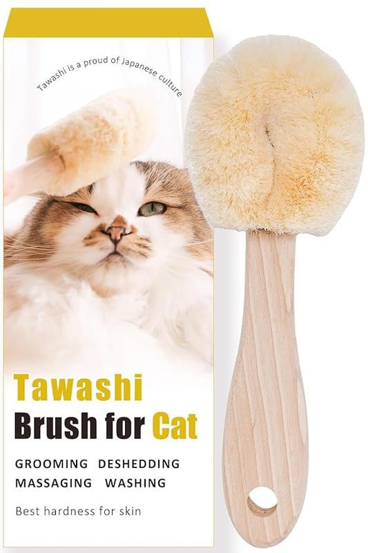 Relaxing Cat Grooming Massage Brush – Gentle Natural Tawashi Brush for Sensitive Cats, Stress‑Free Daily Grooming (Not a Heavy Deshedding Tool) Made in Japan (Type-B)