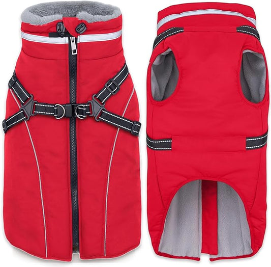 Fragralley Dog Coat with Harness Built in, Waterproof Windproof Reflective Warm Puffer Jacket, Fleece Lined Vest Winter Parka for Small, Medium, Large Dogs