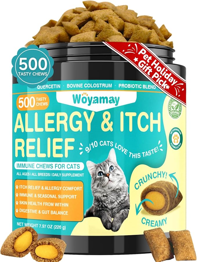 Cat Allergy Relief for Cats, 500 Crunchy & Creamy Anti-Itch and Immunity Chews for Itchy Skin, Paws, Eyes, Ears| Stop Licking & Scratching, Supports Seasonal Itching, Chicken Flavor
