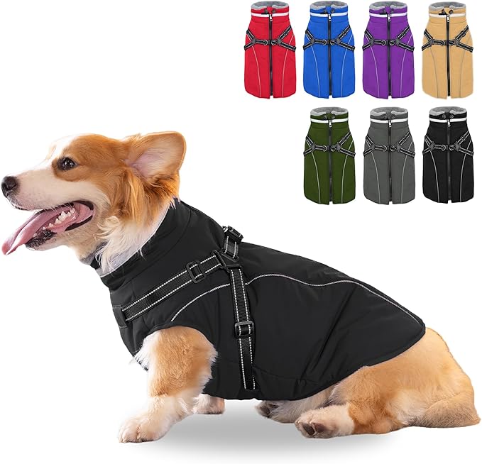 Fragralley Dog Coat with Harness Built in, Waterproof Windproof Reflective Warm Puffer Jacket, Fleece Lined Vest Winter Parka for Small, Medium, Large Dogs