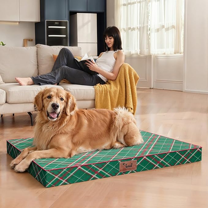 Christmas Orthopedic Dog Bed for Large Dogs, Big Waterproof Dog Bed Washable Pet Bed for Large Sized Dogs with Egg Crate Foam Pet Bed Mat, Removable Oxford Cooling Cover, Plaid