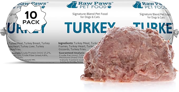 Raw Paws Signature Blend Pet Food for Dogs & Cats - Turkey Recipe, 1-lb Rolls (10-Count) - Made in USA Frozen Turkey Roll Dog Food - Refrigerated Log Dog Food - Raw Frozen Food for Dogs