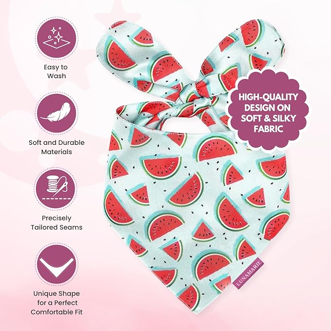 LunaMarie - Luxury Pet Birthday Bandanas -Premium & Silky Poly Fabric | 100% Handmade | Custom Shape Dual Layered (Watermelon, X-Small)