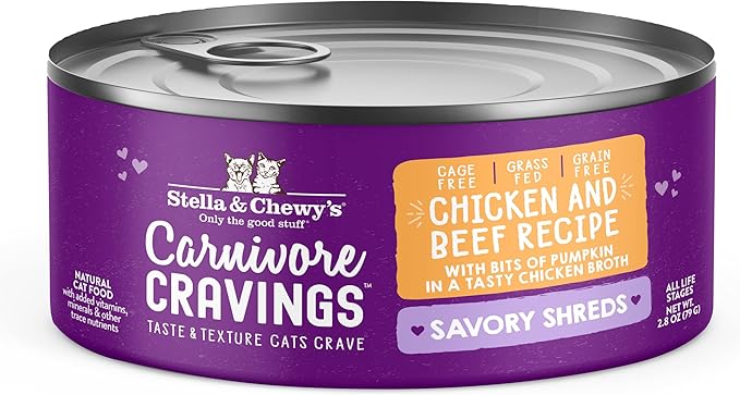 Stella & Chewy's Carnivore Cravings Savory Shreds - Wet Cat Food - High-Moisture Formula with Premium Cage-Free Chicken & Grass-Fed Beef - Perfect for Picky Eaters - 2.8 oz, 12 Count