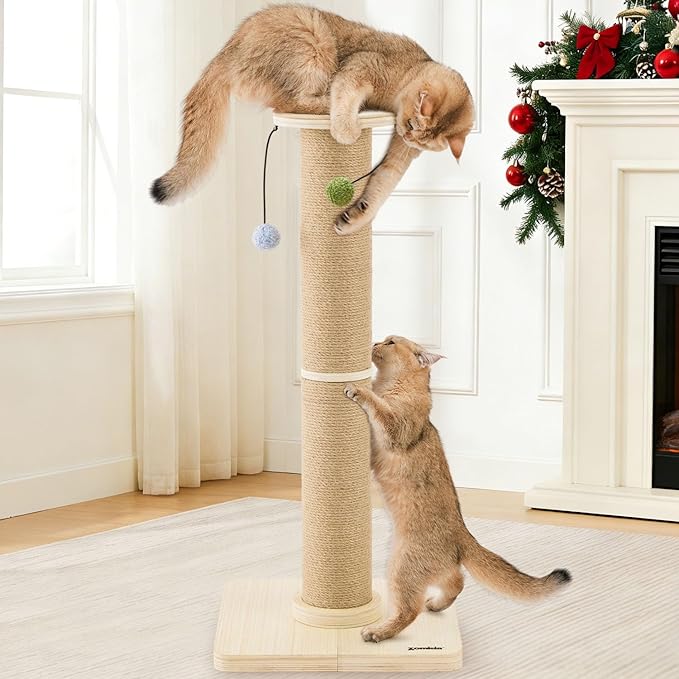 35'' Tall Cat Scratching Post, 4.7'' Large Scratch Post with Thicken Wooden Base for Indoor Cats Adults, Sisal Scratcher Top & Dangling Balls, Super Sturdy