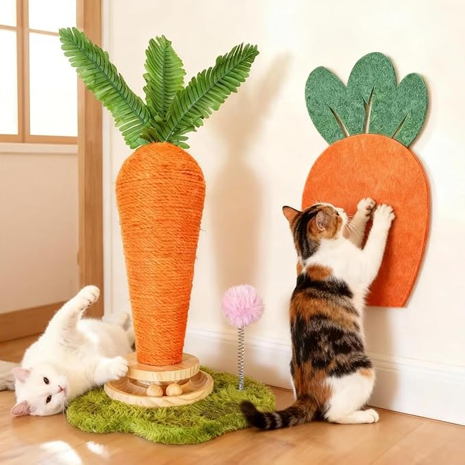 Carrot Cat Scratching Post and Wall Mounted Scratching Mat, Cute Tall Scratching Post,Indoor Nature Sisal Cat Scratcher for Cats and Kittens