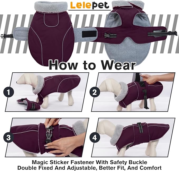 Lelepet Warm Dog Coat Waterproof Dog Jacket for Large Dogs Reflective Fleece Vest with Adjustable Buckle Hook & Loop Windproof Cold Weather Coats for Small Medium Large Dogs, Dark Purple, L