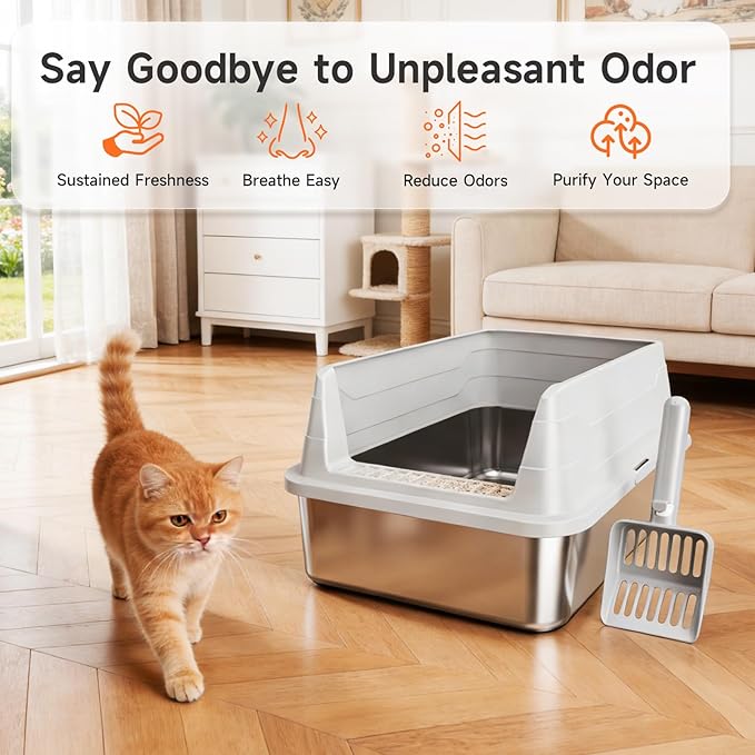 Stainless Steel Cat Litter Box, Odor Free Metal Litter Box with High Sides Lid, Open Top Low Entry Litter Pan Include Scoop Easy Cleaning Anti-Scratch Kitty Cat Box Anti-Urine Leakage, Non-Sticky