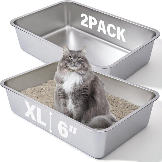 Stainless Steel Litter Box 2 Pack, 23.6“x15.7"x6" Deep Stainless Steel Cat Litter Box Extra Large, XL Metal Litterbox for Big Cats with High Sides, Non Stick Surface, Easy to Clean