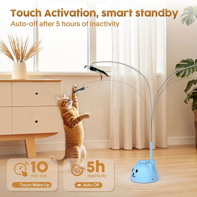 Interactive Cat Toys for Indoor Cats: Upgraded 360° Automatic Spin Flying Bird Feather Wand with Silicone Protected Rod Safe Play, Strong 8cm Suction Cup, USB-Rechargeable for Bored Kittens and Adult