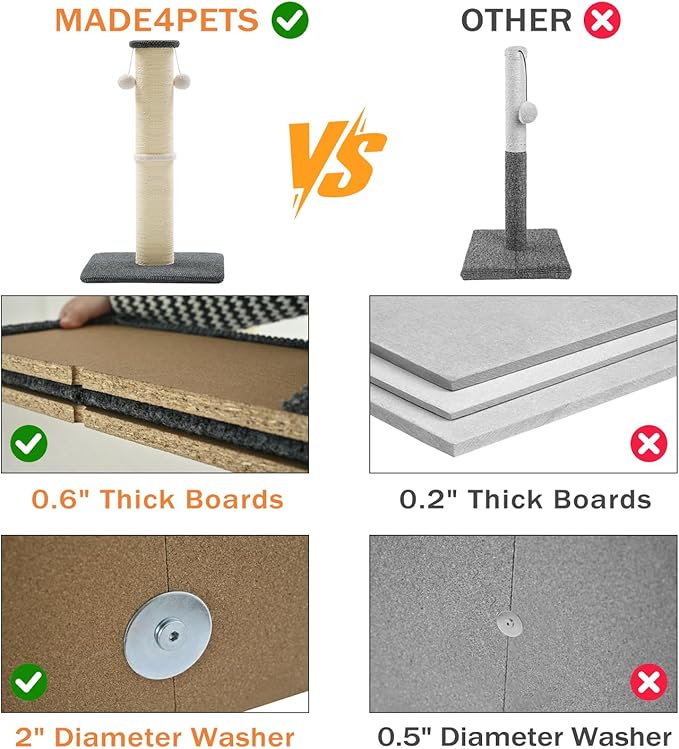 Made4Pets Tall Cat Scratching Post, 23.6" Natural Sisal Cat Scratcher with Hanging Balls, Heavy Duty and Thicker Scratching Post for Indoor Cats Adults, Sturdy Base Cat Scratch Post, Dark Grey