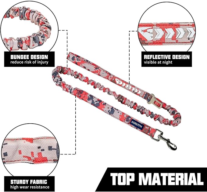 AUROTH Heavy Duty Dog Leash - Bungee, No Pull for Shock Absorption, Red Camo, 6FT, 2 Padded Handles
