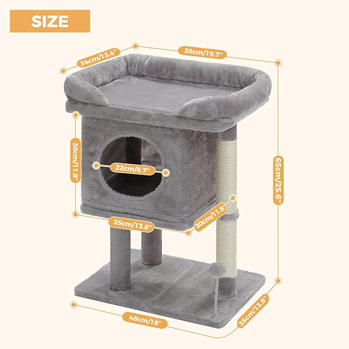 PAWZ Road Cat Tree for Indoor Cats, 26 Inches Cat Tower with Large Perch, Private Condo, Small Cat Condo with Spring Ball & 2 Scratching Posts for Cats-Gray