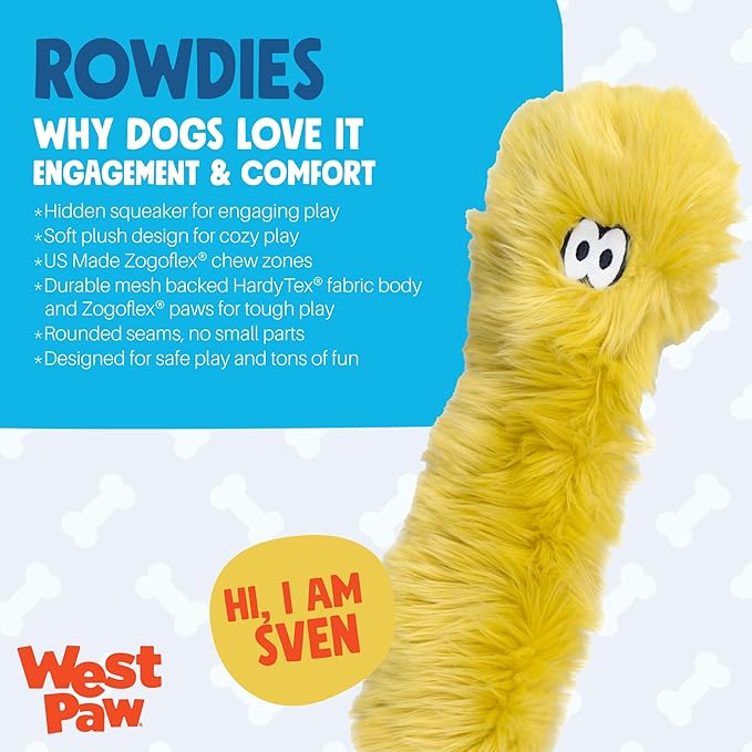 WEST PAW Rowdies Rolf Durable Plush Dog Toy with HardyTex Reinforced Seams Engaging Squeaker with Soft Cuddly Exterior Hand Sewn and Finished in Bozeman Montana for Dogs - Citrus