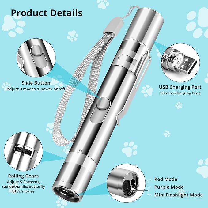 Cat Toy Pointer for Indoor Cats, 2 Pieces, USB Rechargeable Kitten Toys with 7 Adjustable Patterns, Interactive Chase Toys for Indoor Cats & Dogs, Training & Exercise Fun