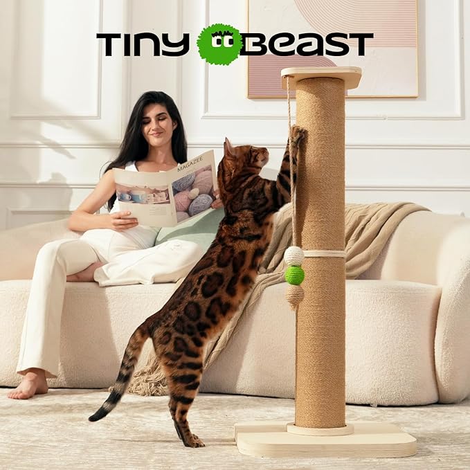 TINYBEAST Wooden Cat Scratching Post, Sturdy 35'' Tall Natural Sisal Cat Scratcher with Thick Solid Wood Base for Adult Cats Indoor, Jumbo Durable Stable Cat Scratcher Tower
