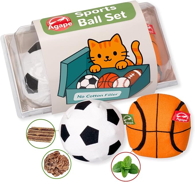 Agape 100% Catnip & Silvervine Filled Cat Toys, Interactive Chew & Kicker Balls for Indoor Cats, Enrichment and Teeth Cleaning Fun for Bored Cats and Kittens, 2 Pack Natural Crinkle Cat Toy with Sound