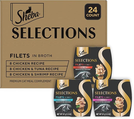 Sheba Selections Filets in Broth Adult Wet Cat Meal Complement Chicken, Chicken & Tuna, or Chicken & Shrimp Recipe, 1.3 oz. Cups, 24 Count