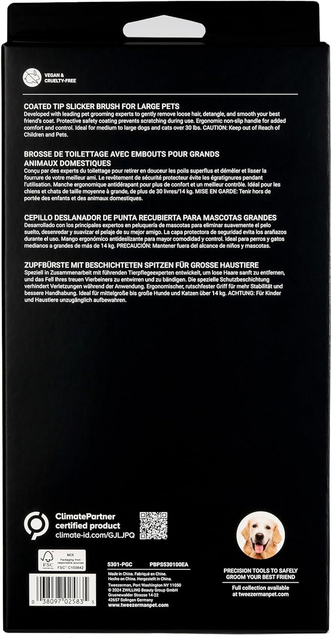 Tweezerman Dog and Cat Slicker Brush for Pets, Grooming Brush with Coated Bristles to Prevent Scratching and Ergonomic Handle