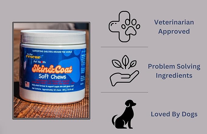 to The Rescue Dog Skin and Coat Supplement - Fatty Acid Formula to Support Supple Skin and Glossy Coat - Antioxidants and Omega-3 to Help with Allergy and Itch Relief - 60 Chews