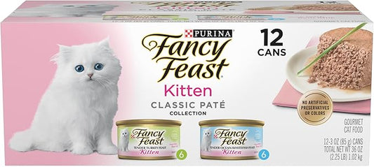 Purina Fancy Feast Kitten Tender Ocean Whitefish Feast and Tender Turkey Feast Wet Kitten Food Variety Pack - (2 Packs of 12) 3 oz. Cans