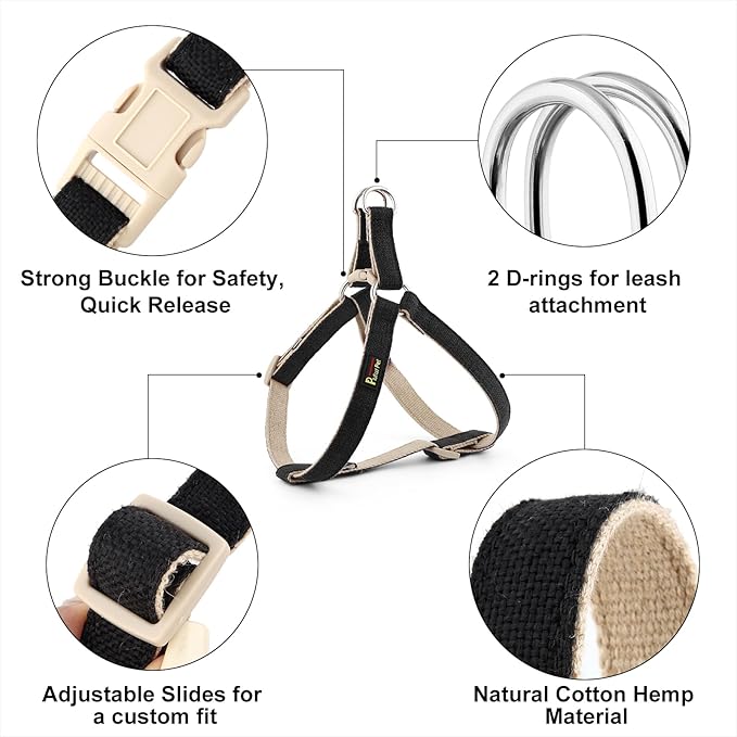 Plutus Pet Cotton Hemp Step in Dog Harness, Sustainable, Lightweight and Escape-Proof, Quick Fit Dog Harness for Puppy Small Medium and Large Dogs, Black, XS