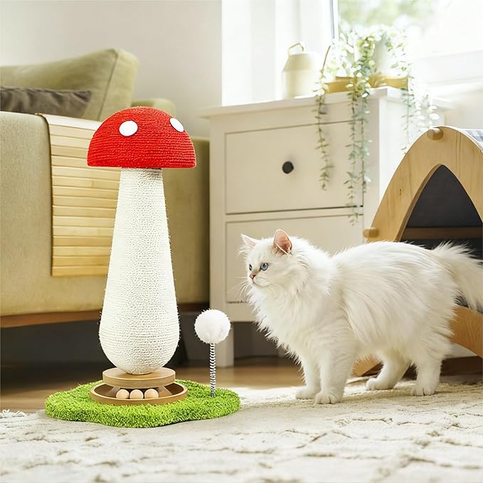 Cat Scratching Post for Indoor Cats,Cat Toys Scratcher Sisal Cat Scratch Posts for Kittens Adults with Interactive Track Ball & Spring Toy