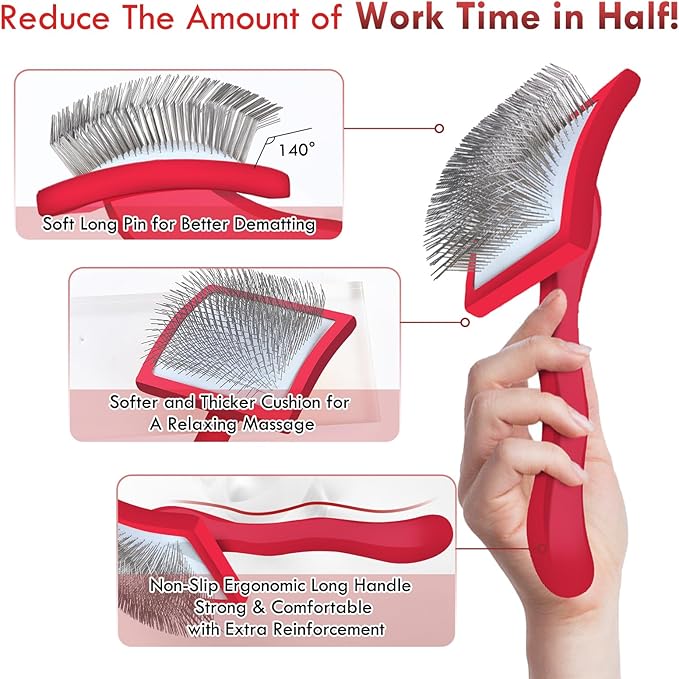 Large Dog Slicker Brush for Shedding & Curly Coat, Long Hair Dogs & Cats, Doodles, Poodles & Goldendoodles, Long Pin Grooming Brush with Wooden Handle, 3 Pcs Comb Set for Mats/Tangles. Red