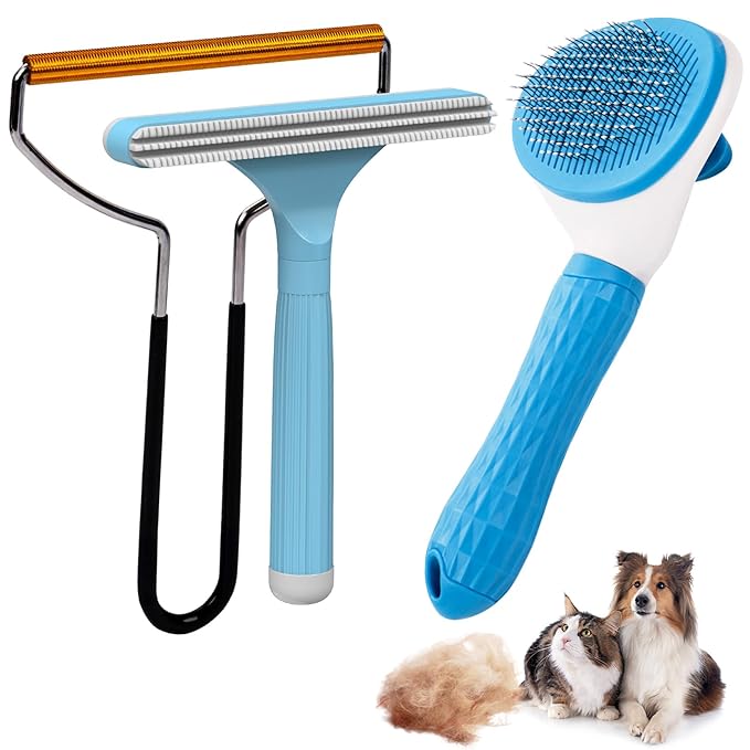 Analan 3-in-1 Pet Hair Remover & Grooming Set for Dogs & Cats – Self-Cleaning Brush for Shedding, Cat Brush, Metal Fur Remover for Couch Carpet & Car, and Rubber Tool for Clothes & Bedding