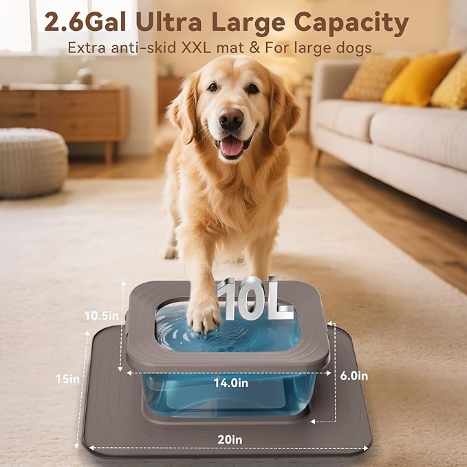 10L No Spill Dog Water Bowl, 2.6 Gal Stainless Steel No Splash Large Dog Water Bowl with Non-Slip Silicone Mat, Spill Proof Slow Drinking Pet Bowls for Messy Drinkers Indoor/Outdoor Use Gray