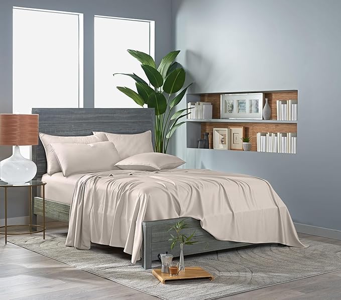 Pure Bamboo Split King Sheets, Genuine 100% Organic Viscose Derived from Bamboo Bed Sheet Set, Soft & Cooling, Double Stitching, 2 Fitted Sheets (Split King, Creme)