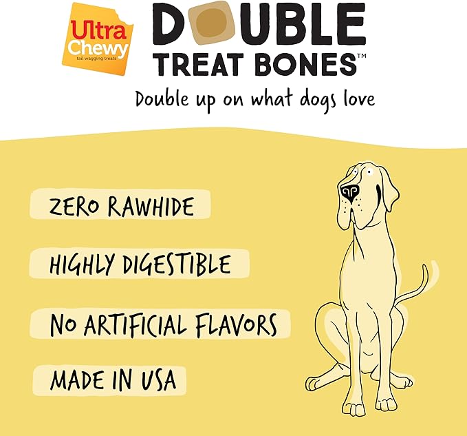 Ultra Chewy Yogurt with Banana Double Treat Bones: Long-Lasting Dog Treats Made in USA for Large and Small Breeds, Highly Digestible, Ideal for Aggressive Chewers (24 Count)