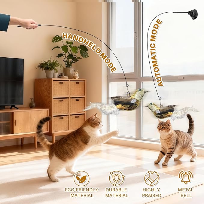 Interactive Cat Toy — Realistic Bird Teaser Wand with Double-Head Suction Base and 2 Gray Bird Attachments for Indoor Self-Play, Exercise & Enrichment for Kittens, Adult Cats & Multi-Cat Homes