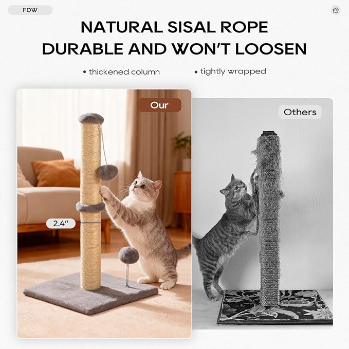 FDW 22 Inch Cat Scratching Post Cat Scratcher Natural Sisal Rope Scratch Post Kitten Trees with Hanging Ball for Indoor Cats,Light Gray
