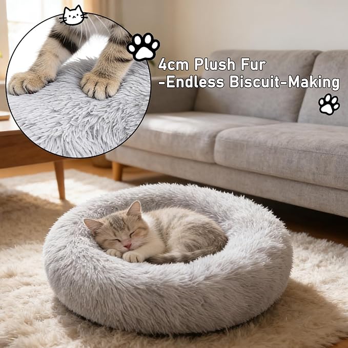 Calming Donut Dog Bed Medium Size Dog - Washable Removable Cover Non-Slip Bottom, Round Pet Bed Cat Bed Warming Fluffy Plush Faux Fur Anti-Anxiety, Fits up to 45 lbs (Light Grey, 30")