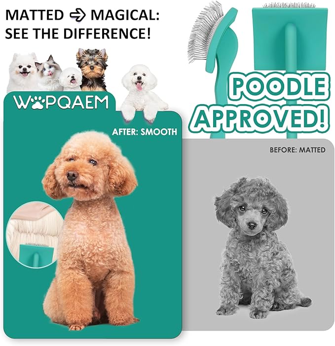 Slicker Brush for Dogs, Long Pin Dog Grooming Brush for Goldendoodles, Poodles, Doodles & More, Includes Bonus Pet Comb, Perfect for De-Shedding, Dematting & Reducing Tangles. Large, Green