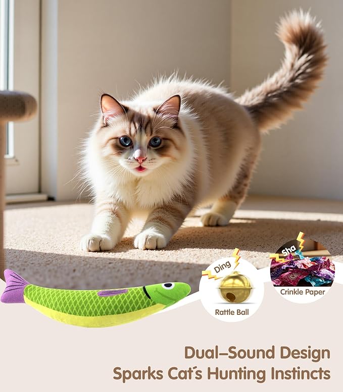 Cat Toys with[5000mg A+Natural Catnip &Silvervine] [Baby Grade] Interactive Soft Chew Kicker Cat Toys for Indoor Cats & Kittens, [Crinkle &Bell] Fish Sound Toy, Drives Bored Cat Crazy with Fun