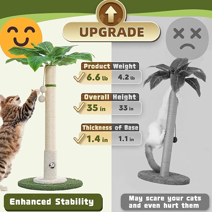 Cat Scratching Post for Indoor Cats and Kitten - 35.43" Tall Cat Scratching Post with Sisal Rope,Palm Tree Cat Scratch Post with Hanging Ball (35.4-White, 35.4in)