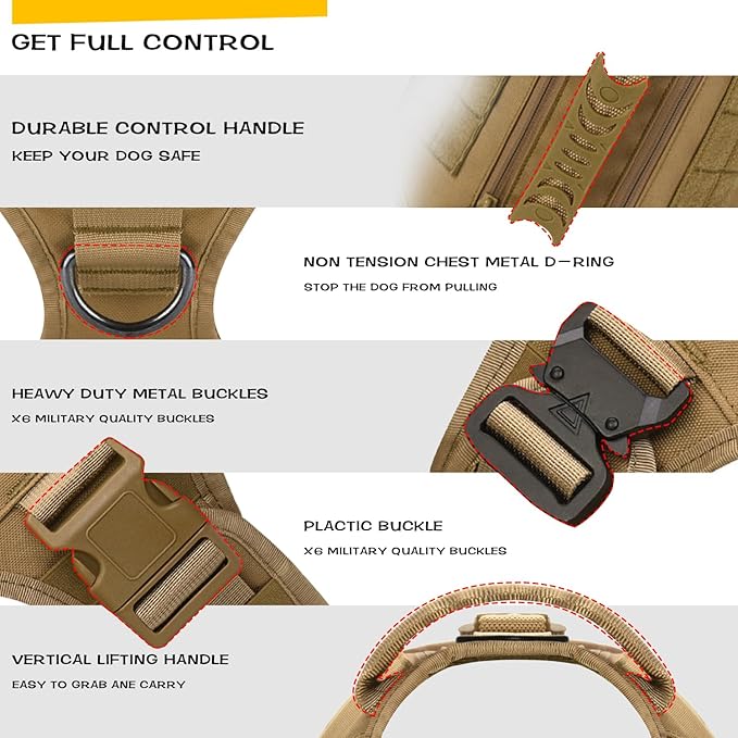 Tactical Dog Backpack Harness for Large Breed Original Design Metal Buckle Vest with Side Bags Pouches for Service Working Training (Khaki (with 2 Pouches), Medium)