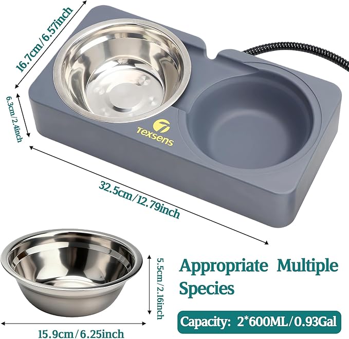 Heated Cat Bowl for Outdoor Pets - Double Stainless Steel Food & Water Bowls with Chew-Resistant Cord - Fully Waterproof Winter Feeding Station for Cats and Dogs - 20.3 OZ Each