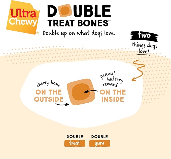 Ultra Chewy Double Treat Bones: Long-Lasting Treats Made in USA for Large and Small Breeds, Highly Digestible, for Aggressive Chewers (Peanut Butter and Bacon Cheese Flavor, 2 Packs)