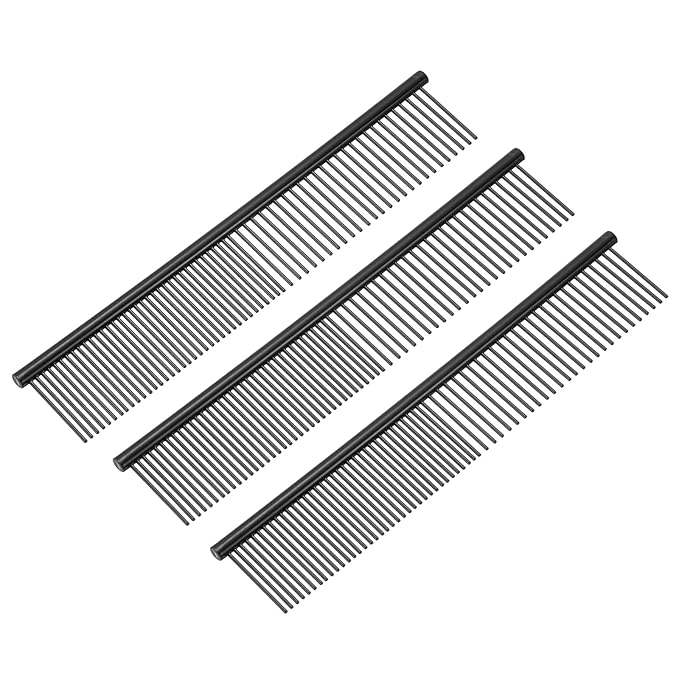 Dog Cat Comb, Pet Combs Stainless Steel Teeth with Rounded Ends for Knots Mats Loose Hair Removal, 7.5IN (Black Coated, 3 Pack), Grooming Tool Intended for Long Curly Hair Pet