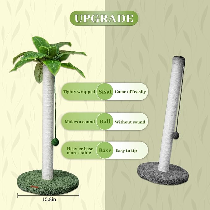 Meowoou Cat Scratching Post 33 Inch Tall Cat Scratcher for Indoor Cats Adults,Palm Tree Sisal Rope Kitten Scratch Tower with Interactive Hanging Ball White